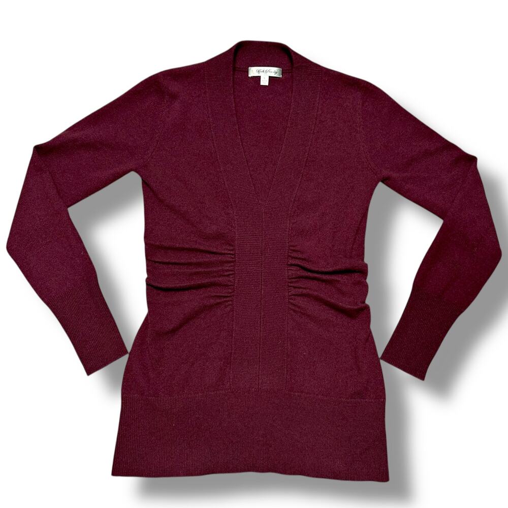 Beth Bowley 100% Cashmere Sweater Burgundy Red Ruched V Neck Long Knit Sz S